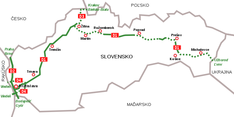 Dálniční síť na Slovensku včetně plánovaných úseků