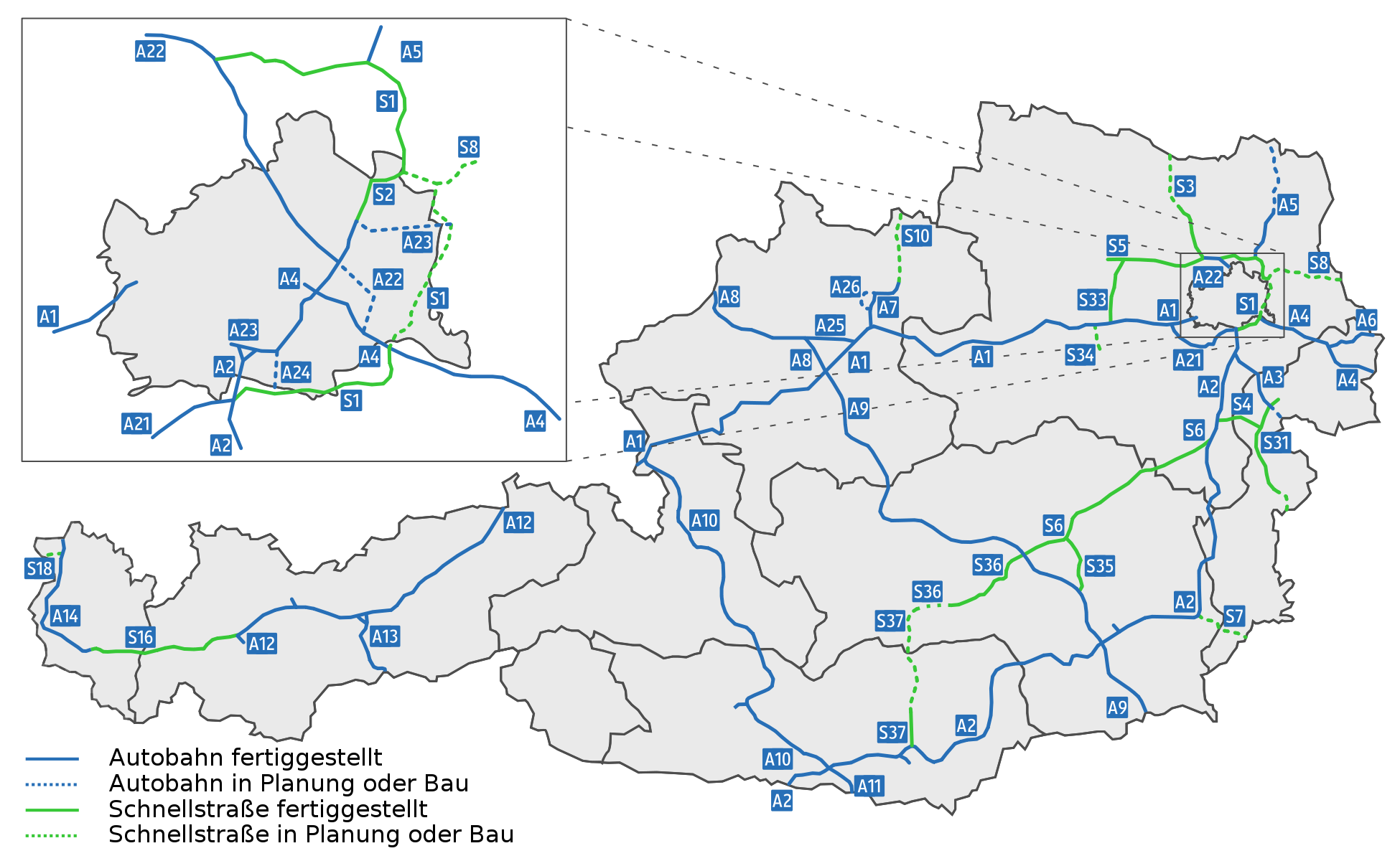 Mapa rakouské dálniční sítě