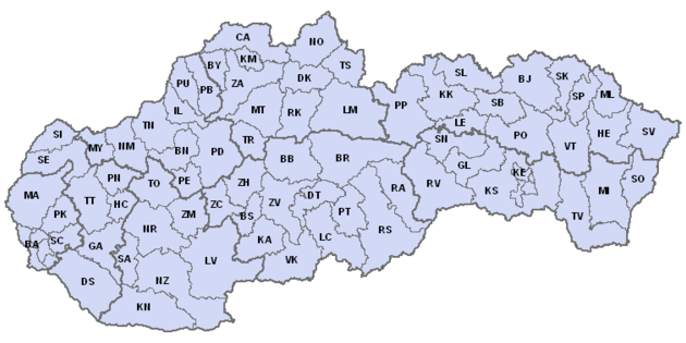 Mapa slovenských okresních kódů registračních značek
