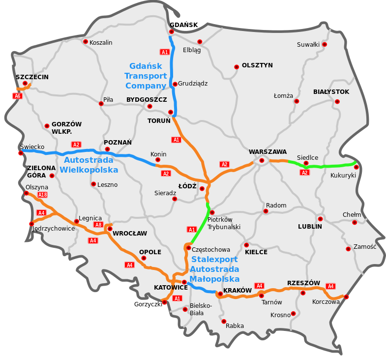 Mapa polské dálniční sítě včetně plánovaných úseků, autor: Sliwers, CC BY 3.0