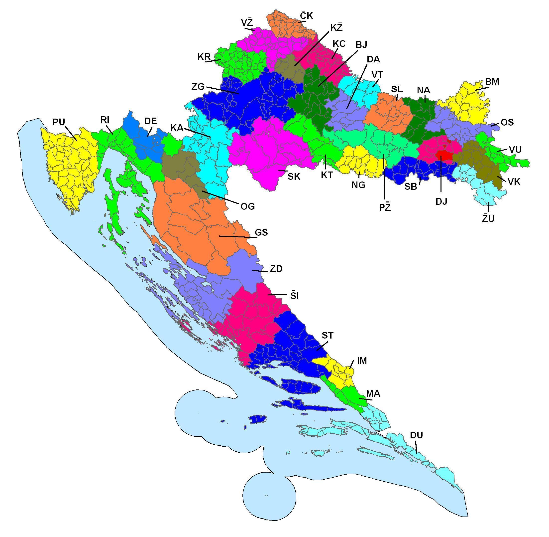 Mapa chorvatských regionálních kódů