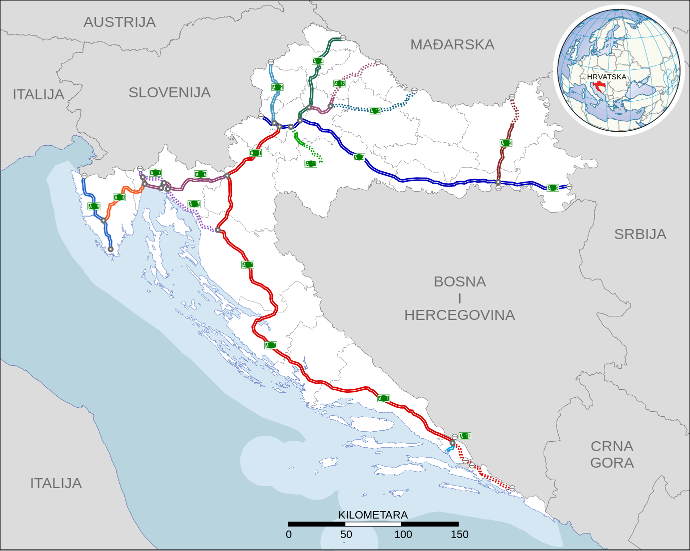 Mapa dálniční sítě v Chorvatsku