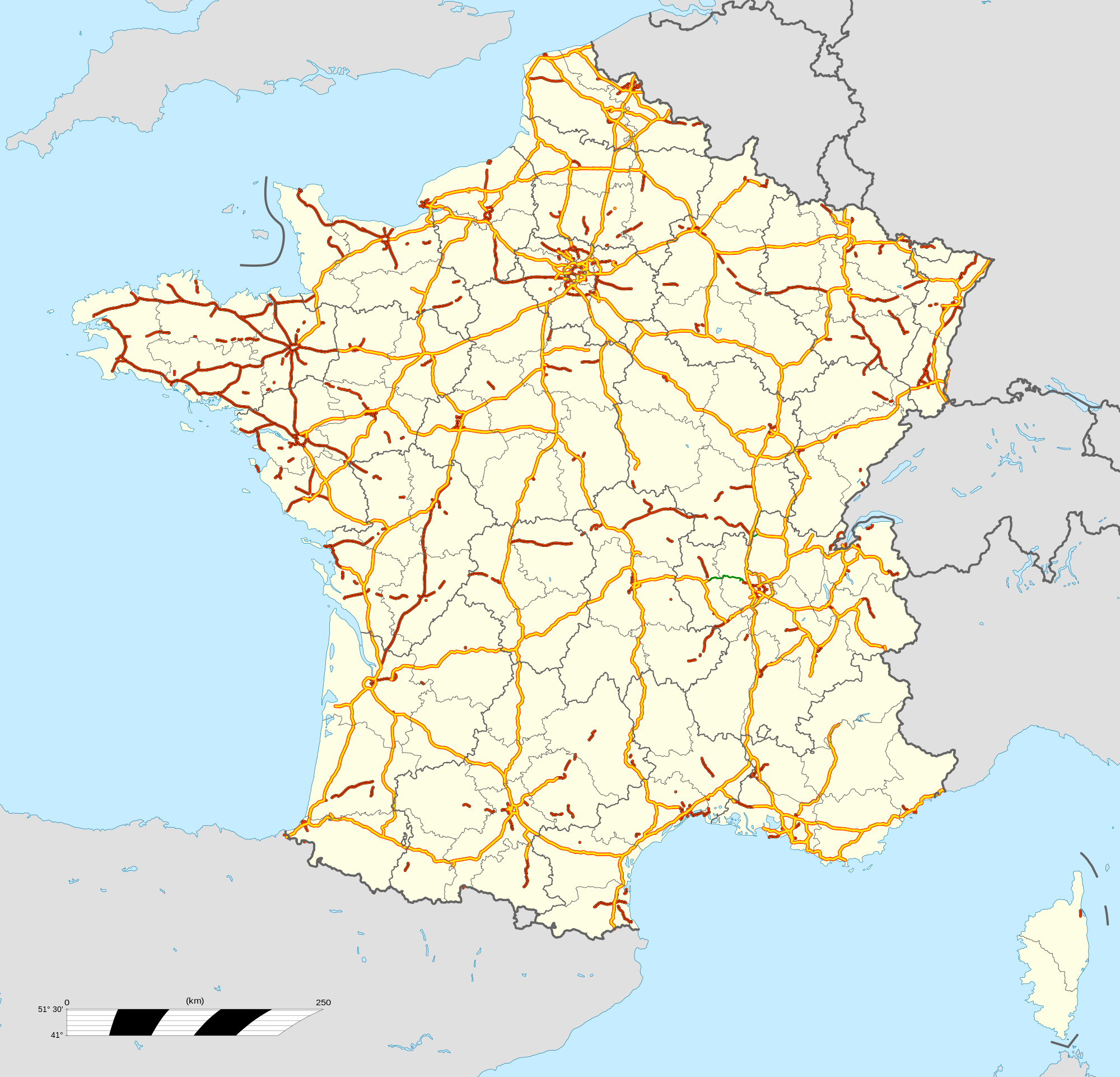 Mapa dálniční sítě ve Francii, včetně plánovaných úseků