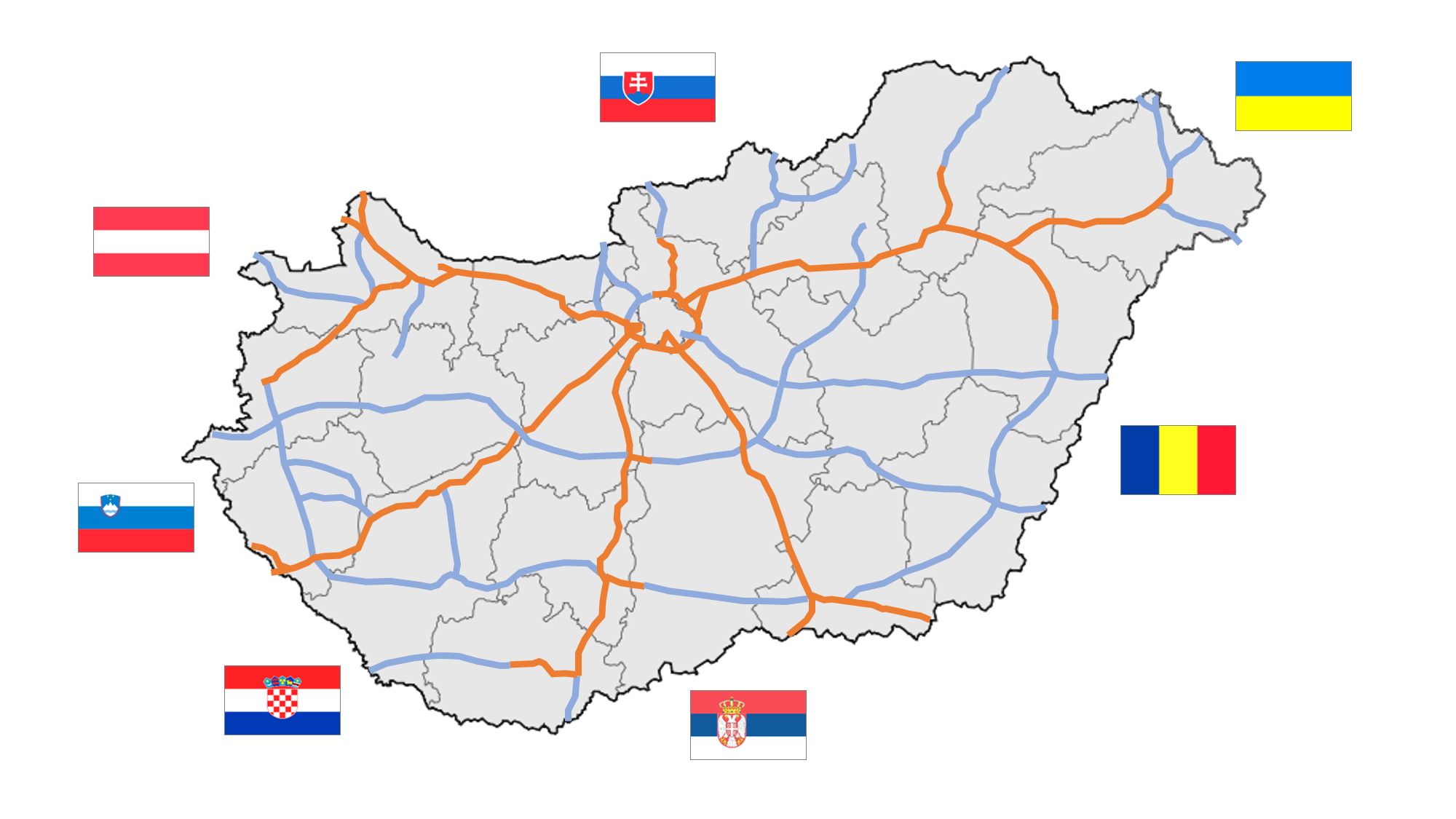Mapa maďarské dálniční sítě, autor: MrSilesian, volné dílo