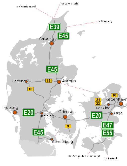 Mapa dánské dálniční sítě