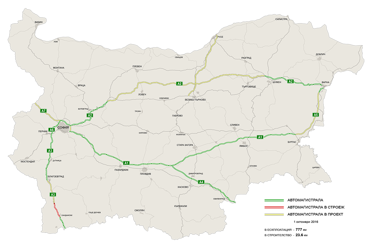 Mapa bulharských dálnic (včetně plánovaných úseků)