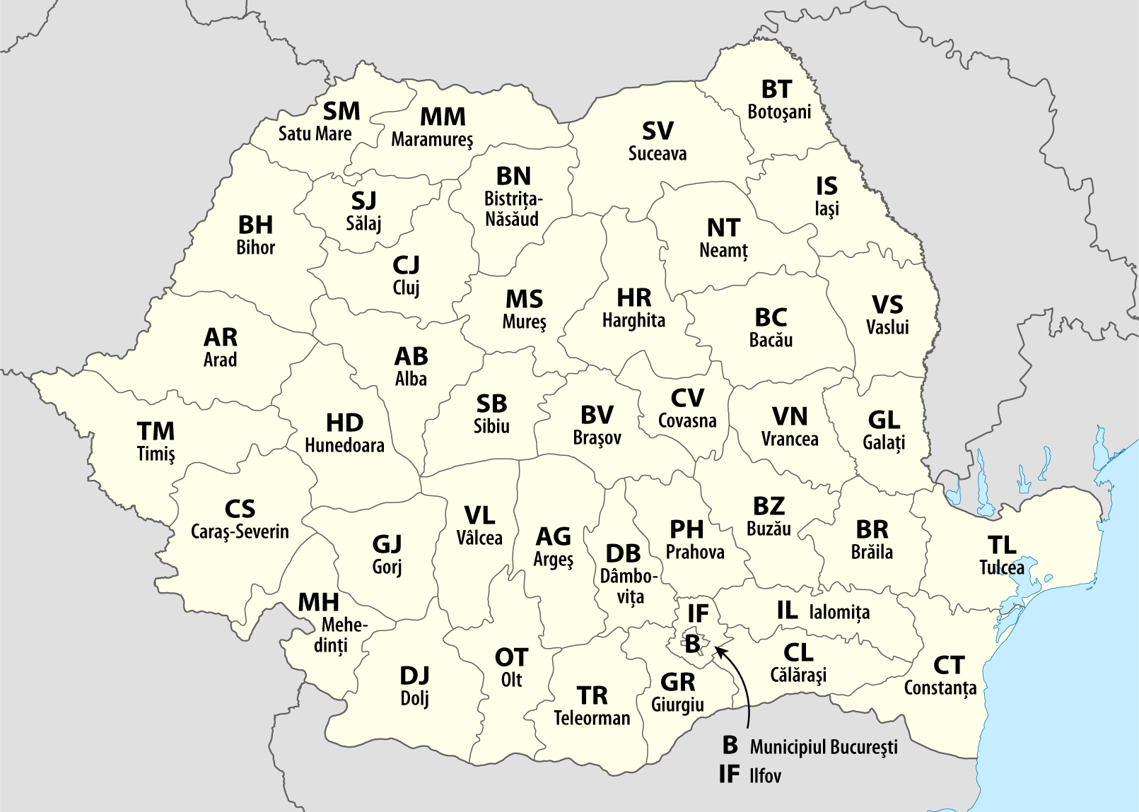 Mapa regionálních kódů registračních značek v Rumunsku